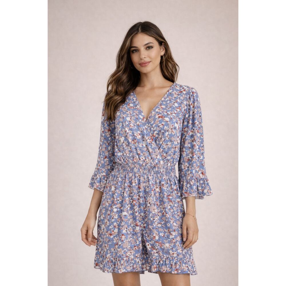 Heyson Blue Floral Wrap Romper Size S Long Sleeve Smocked Waist